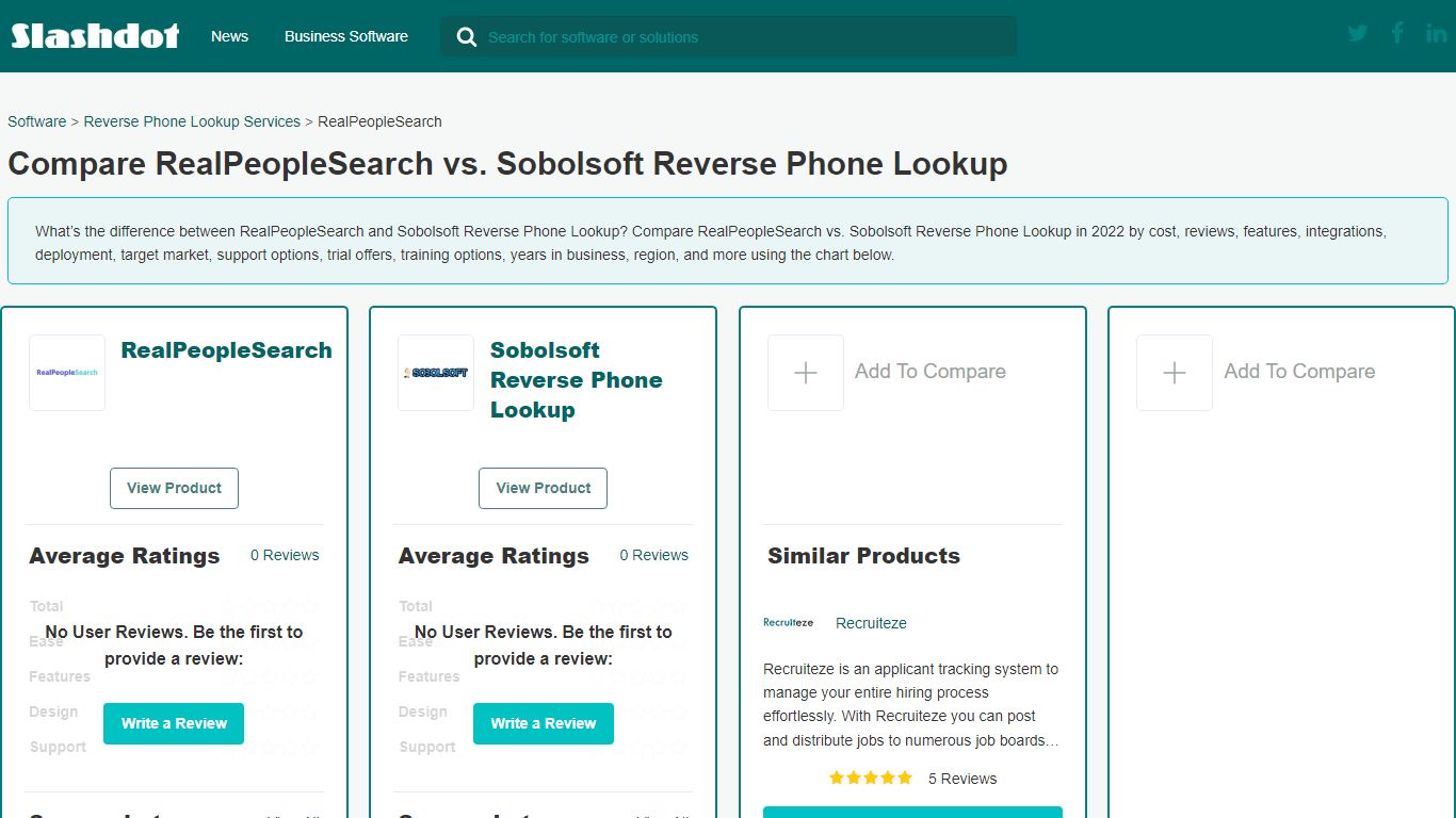 Compare RealPeopleSearch vs. Sobolsoft Reverse Phone Lookup